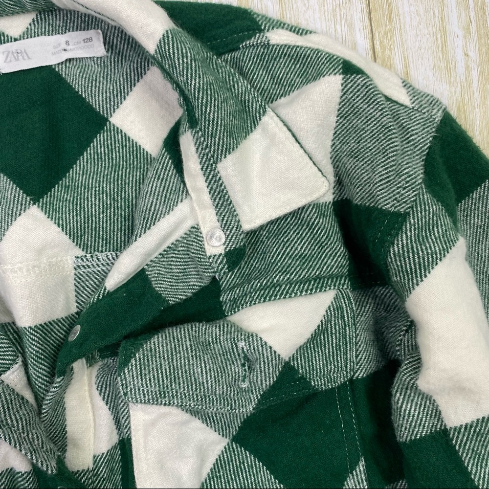 Zara Kids Green & White Plaid Flannel Button Down Shirt - Picture 3 of 5